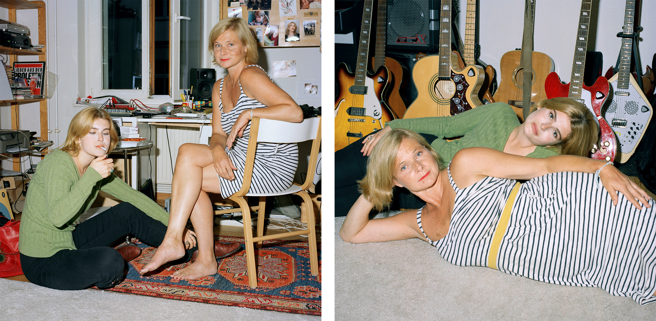 Mother-daughter relationship - left: Bernadette (blond bob and a striped dress) sitting at a desk while her daughter Ella (short blond bob, green top and black pants) sits on the ground and lights a cigarette. Right: the two women lying on their sides in opposite directions with guitars in the background.