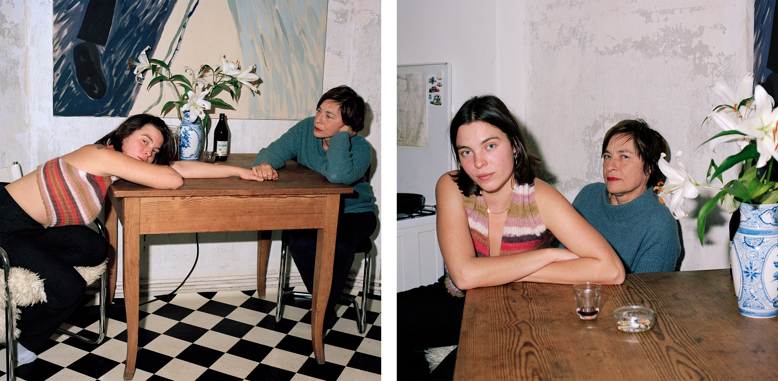 Mother-daughter relationship - Left: Luise and Kathrin sitting at a kitchen table, Kathrin lying across it. Right: Kathrin sitting in her mother's lap. The women look alike, with short brown hair and blue eyes.