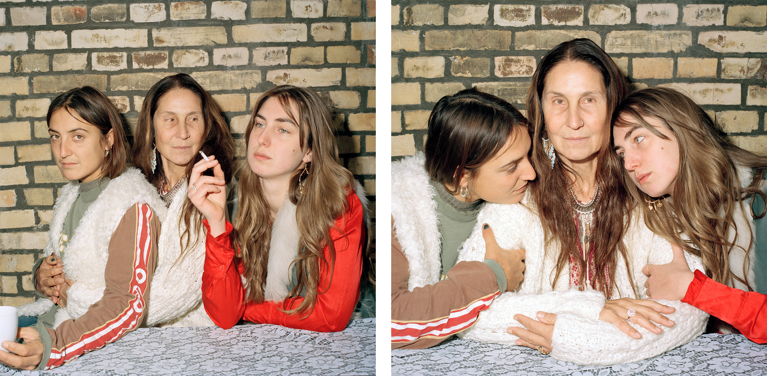 Mother-daughter relationship - Left: Sabine, Geronima and Oceana sitting at a table right next to each other, the latter smoking a cigarette. Left: The two daughters hugging their mother's arms. All three women have brown hair.