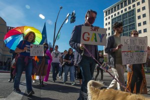 LGBTQ employees and their supporters protest Disney CEO Bob Chapek's handling of the staff controversy over Florida's "Don't Say Gay" bill on March 22, 2022 in Burbank, CA.