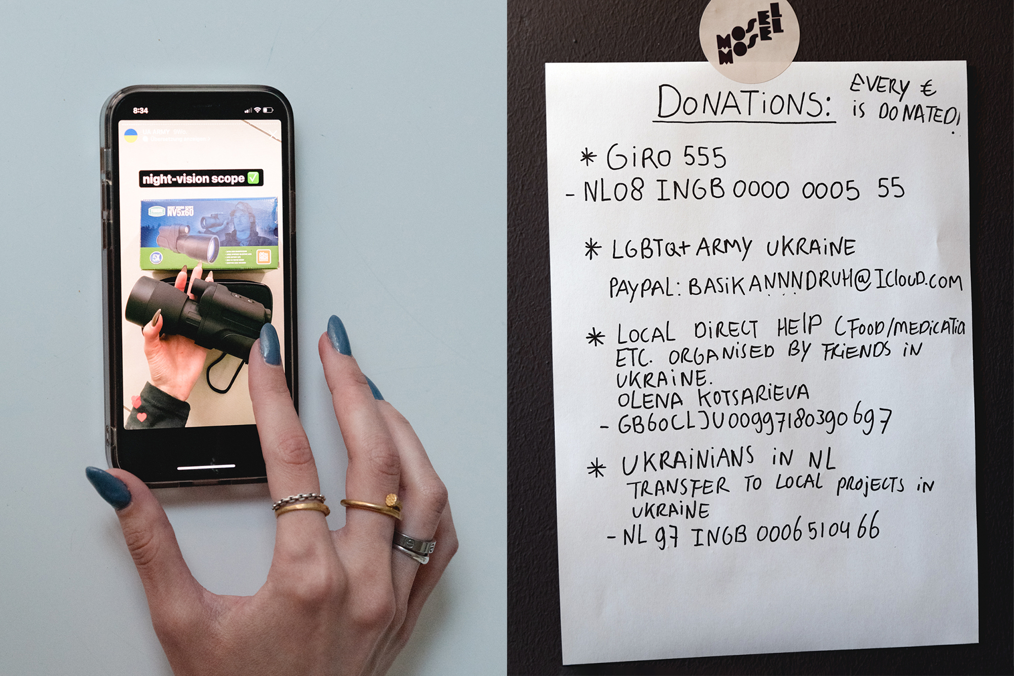 Polina Frank – Left: hand with long, painted nails and rings showing a photo on a phone. Right: photo of a piece of paper with handwritten information on it.
