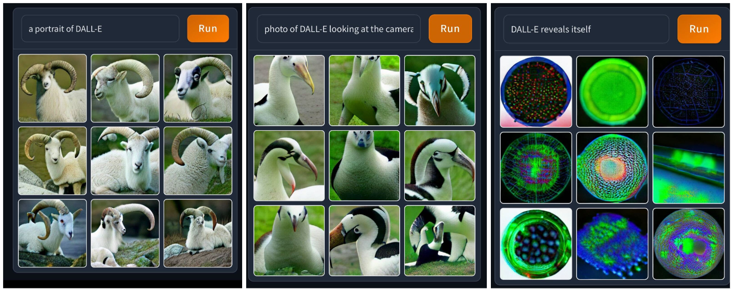 Images produced by Dall-E mini showing a white goat-like creature, a seabird with multiple beats, and a cellular green orb