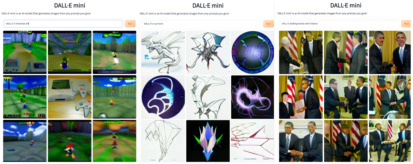 Images produced by Dall-E mini showing polygonal Nintendo 64 graphics, a dragon-like orb creature, and distorted photos of Obama shaking hands with himself.