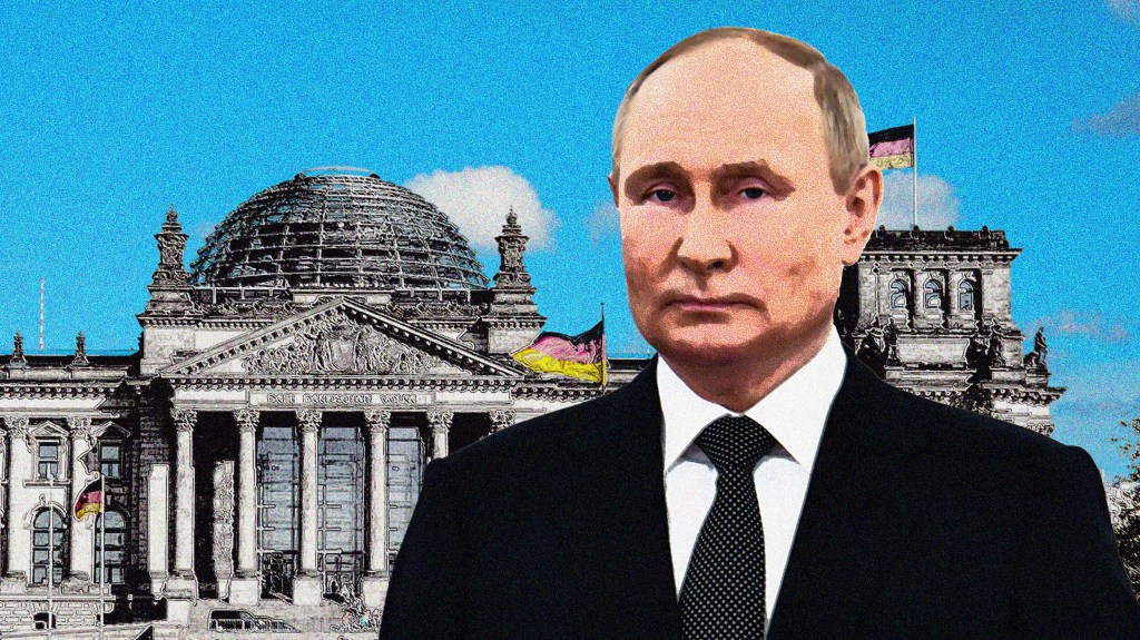 Der russische Präsident Wladimir Putin steht vor dem deutschen Bundestag, Russlands Einfluss auf abtrünnige Gebiete ist groß. Er reicht bis in den Bundestag