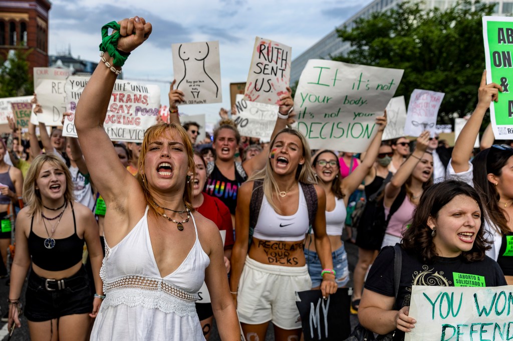 Protesters denounce the U.S. Supreme Court decision to end federal abortion rights protections on June 26, 2022 in Washington, DC.