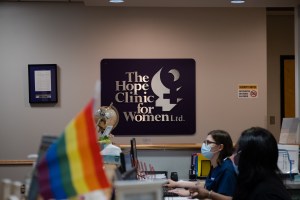 The reception desk at the Hope Clinic for Women, in Illinois, which has been scrambling to see as many out of state patients as it can since Roe v. Wade was overturned.