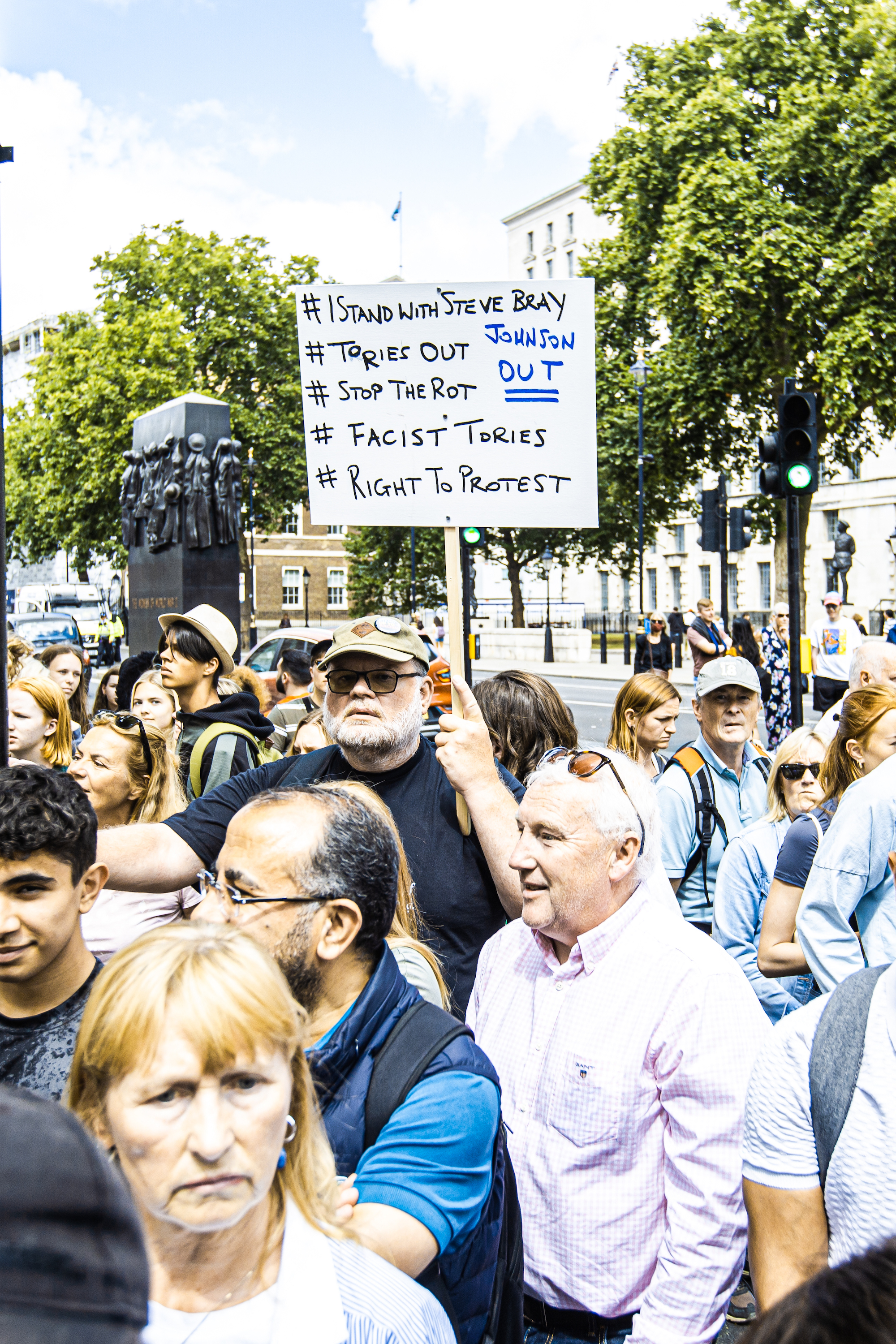 Downing Street, London: Protester holding up sign supporting Steve Bray