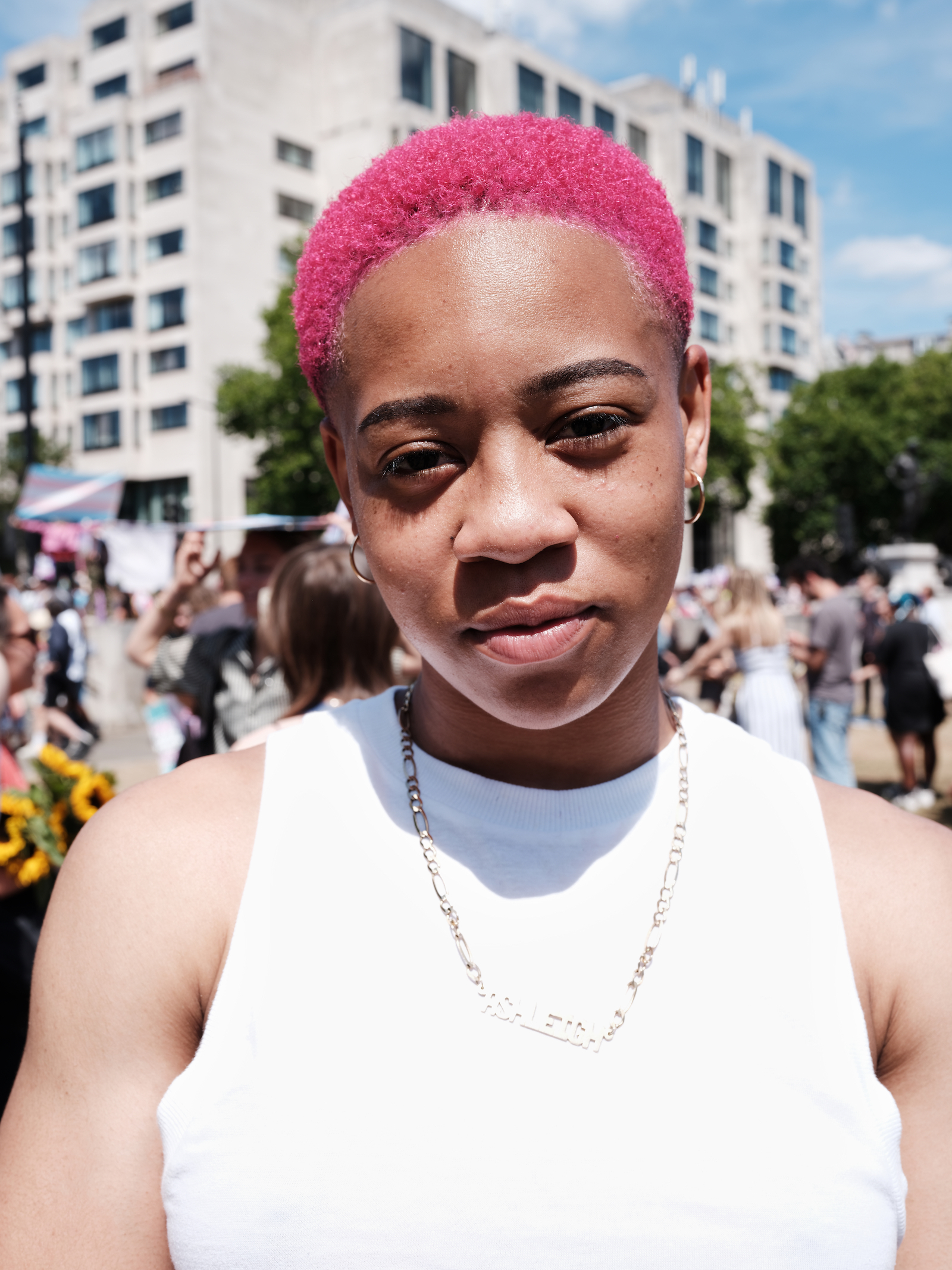 A protester at London Trans+ Pride 2022