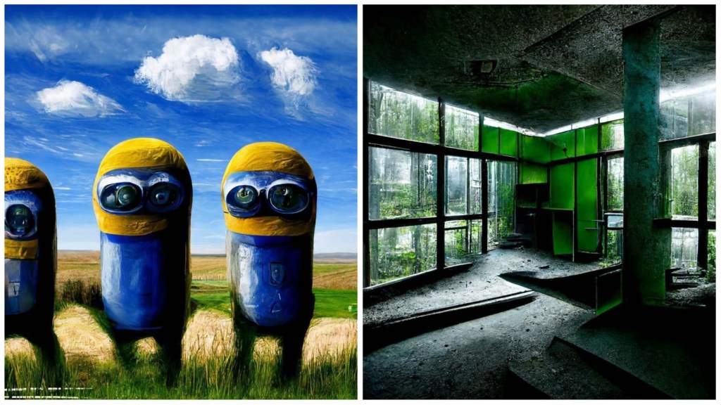 Images generated by Midjourney showing yellow Minions against a pastoral background (Left) and an abandoned office building with large windows (Right)