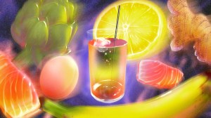 An illustration of fresh fruits and veggies floating around a cocktail