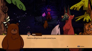 A fox in a mask tells  cartoon bear that they has no obligation to make sense to him.