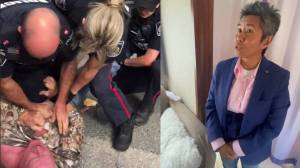 Peter​borough police officers arrest followers of self-proclaimed "QAnon Queen" Romana Didulo, who had tried to conduct citizen's arrest on cops in Onatario, Canada, Saturday, August 13, 2022. (Screenshot via Telegram)