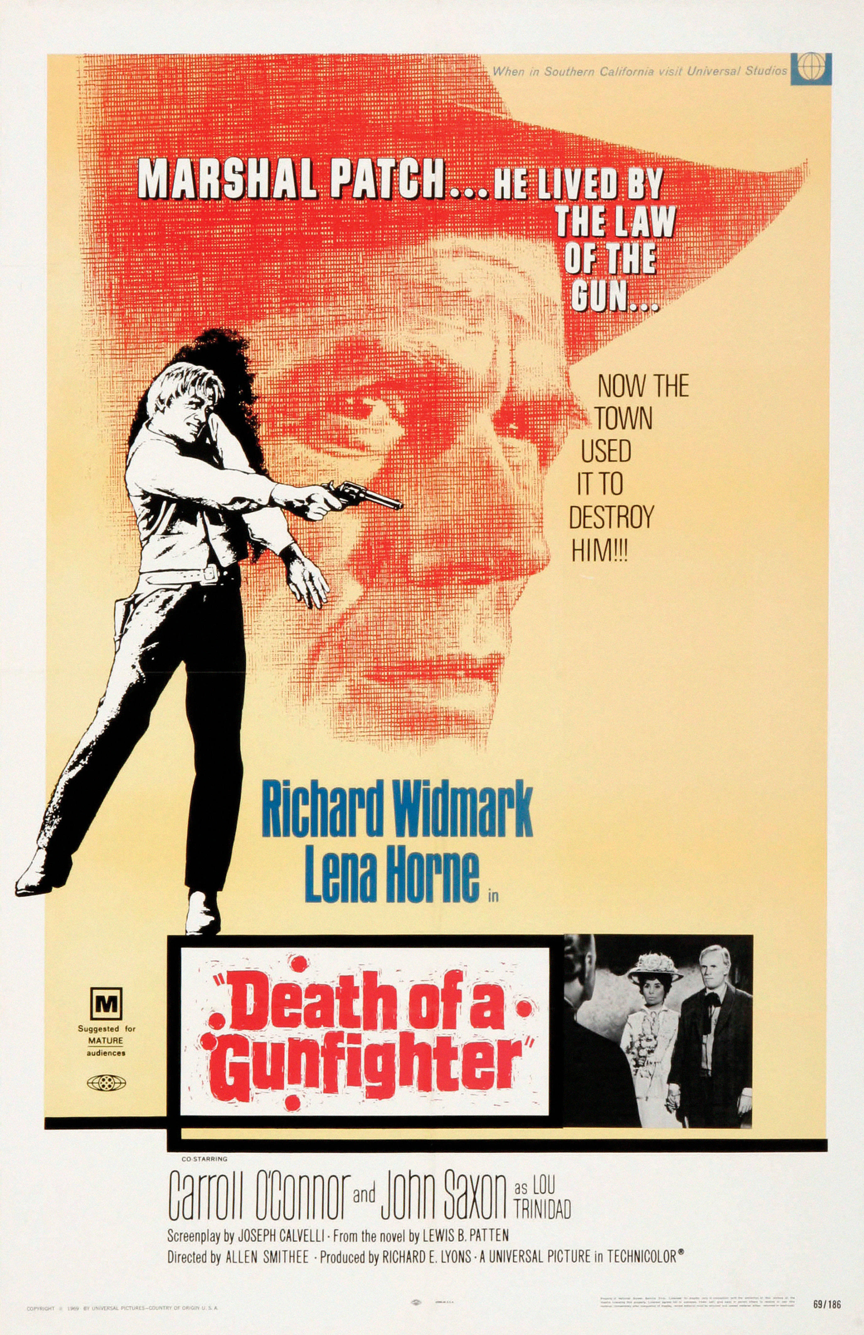 A movie poster showing a cowboy firing a gun, used as promotion for the 1969 film, 'Death of a Gunfighter'.