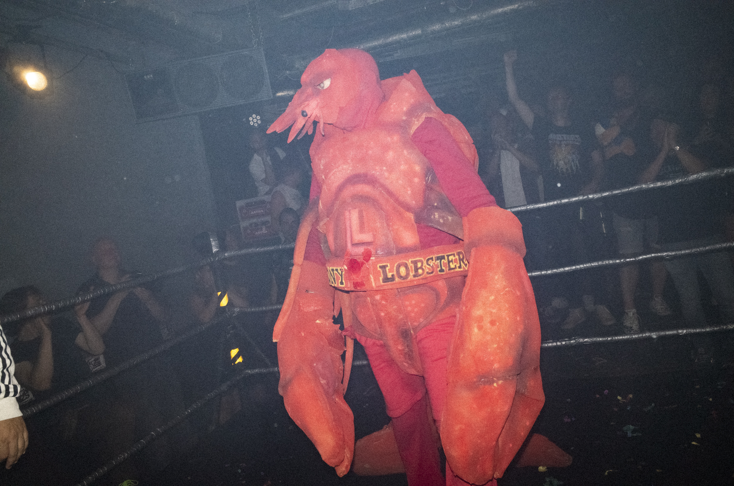 Rock & Wrestling, Hamburg – someone in a red and orange lobster costume stending inside of the ring as the crowd cheers on