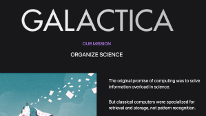 A screenshot of the Galactica website with the title "Our Mission: Organize Science"