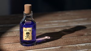 Ilustrasi botol kecil bertuliskan poison dan gambar tengkorak
