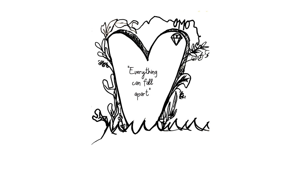 Line drawing of a heart-shaped tombstone reading