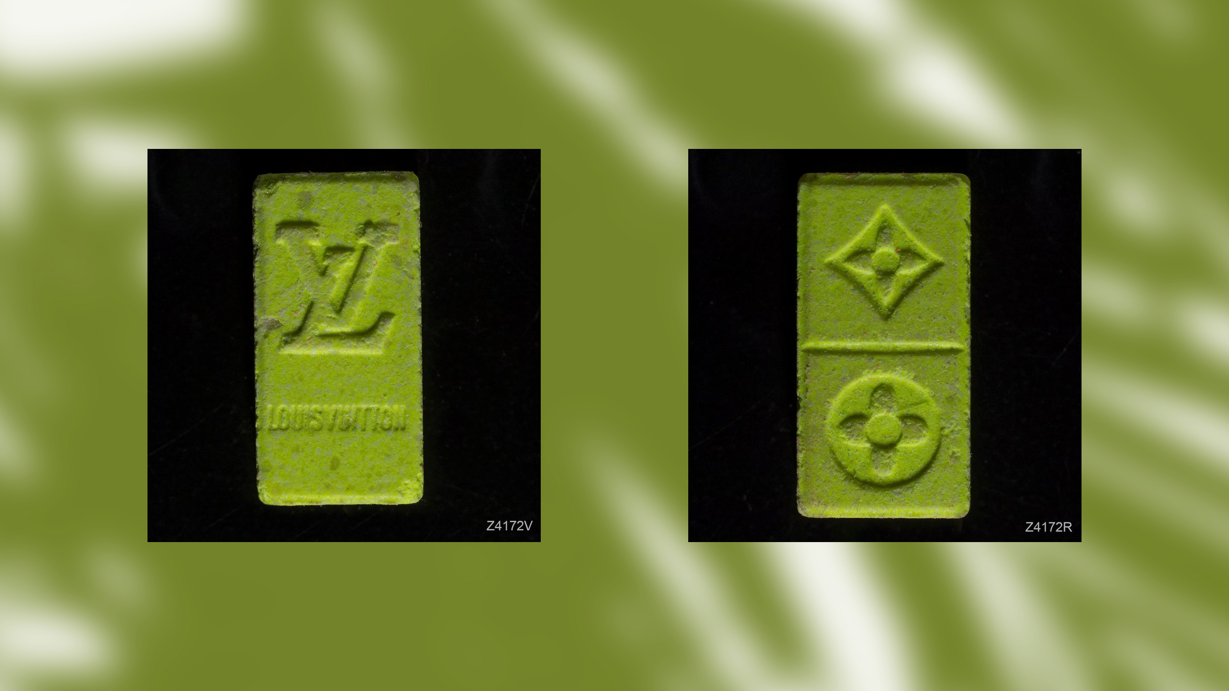Eine grüne rechteckige Pille mit Louis Vuitton Logo