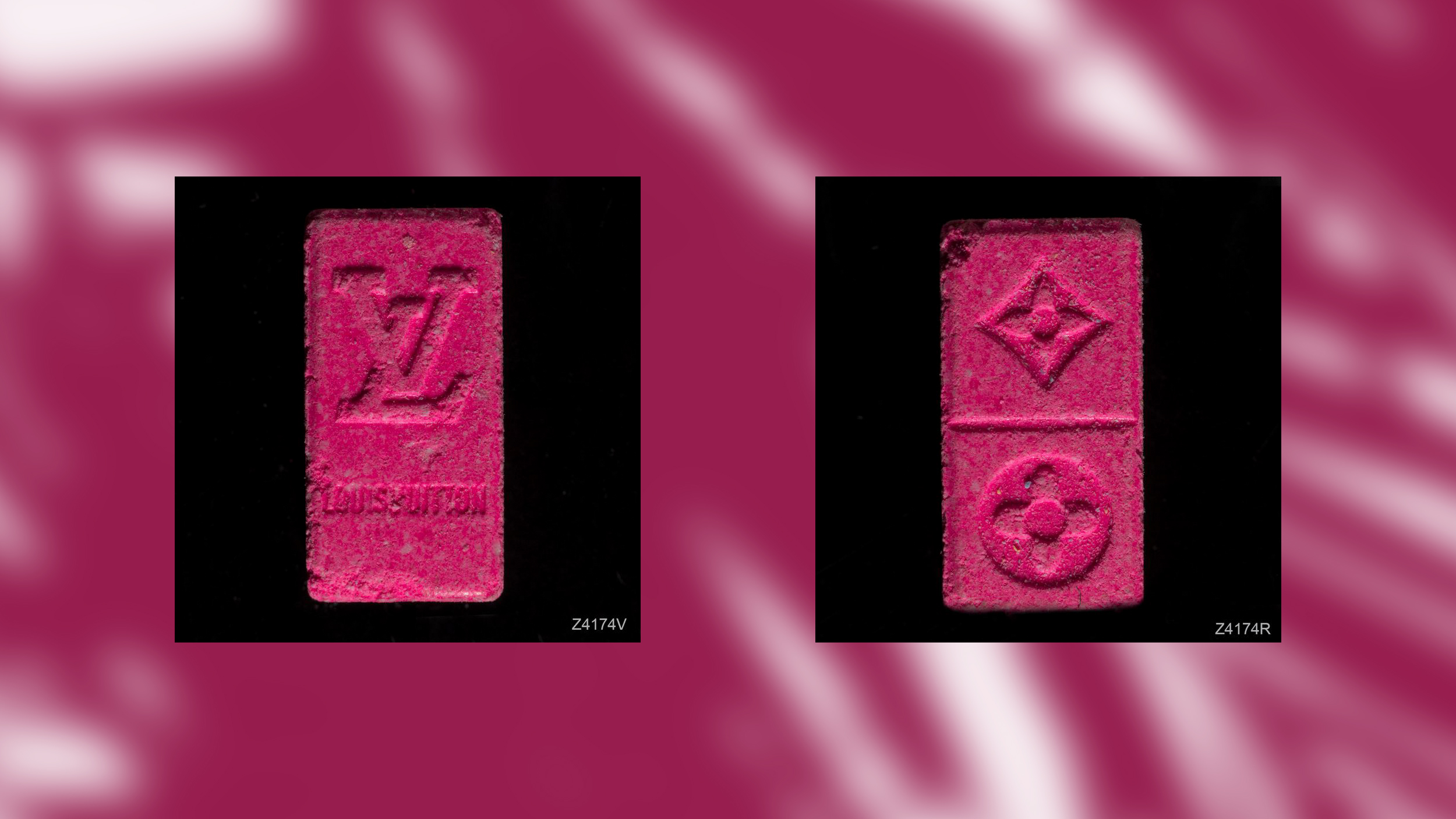 Eine rechteckige pinke Pille mit Louis Vuitton Logo