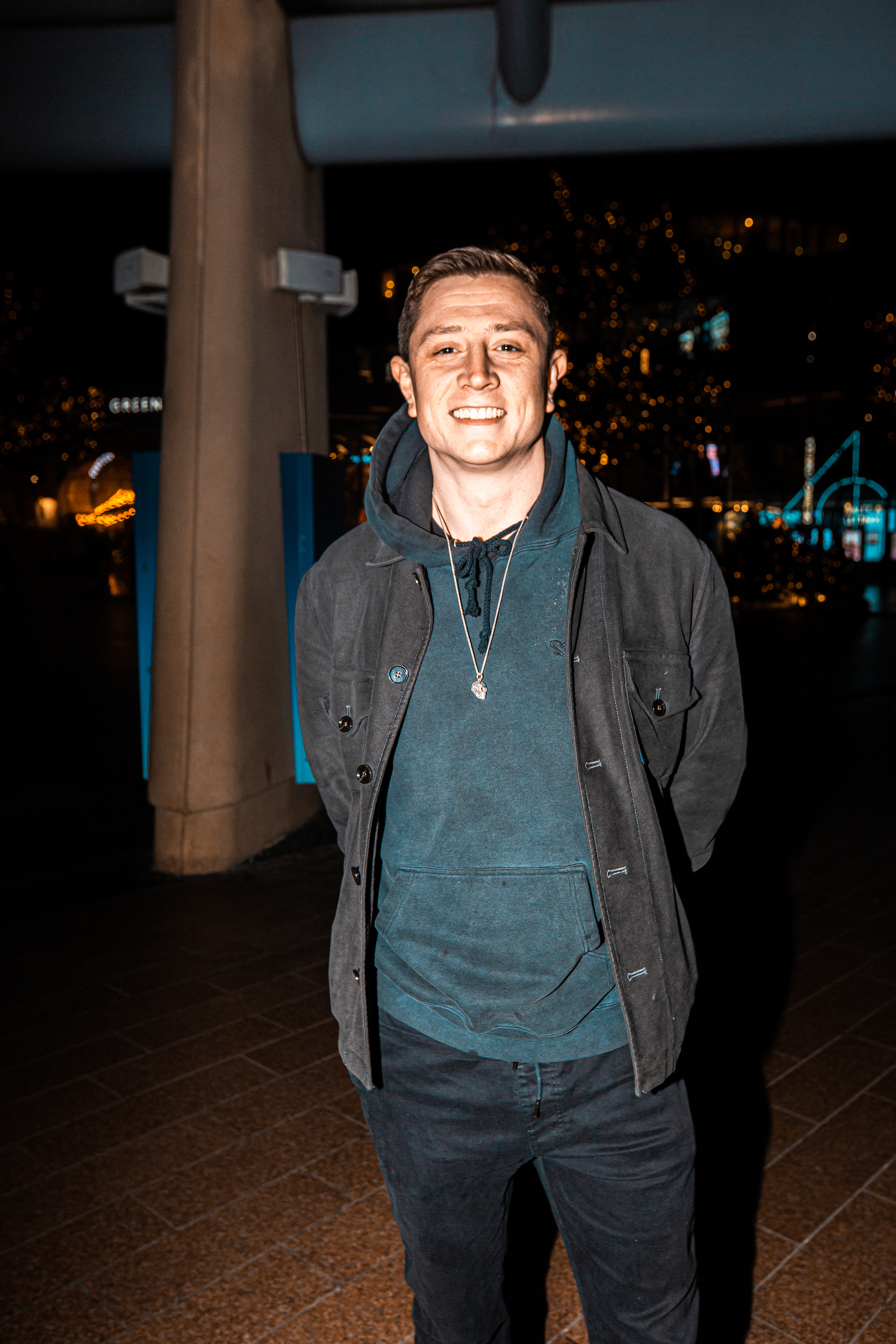 A Peter Kay fan outside his London O2 gig in a blue hoodie