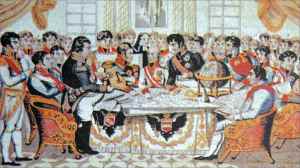 Illustration shows a bunch of 18th century men sitting around a table with a globe on it.