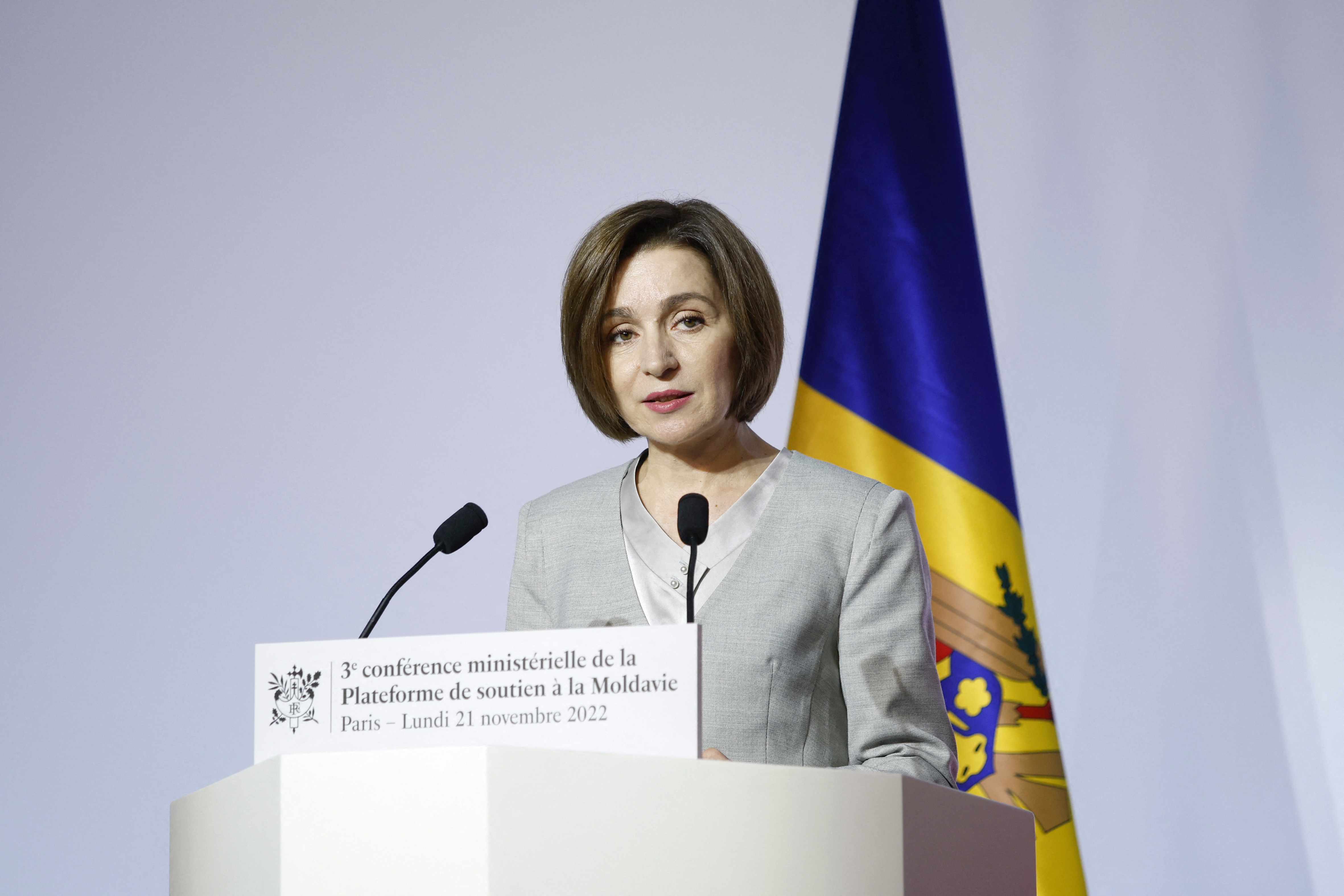 Maia Sandu, speaking on Paris last November. Photo: YOAN VALAT/POOL/AFP via Getty Images