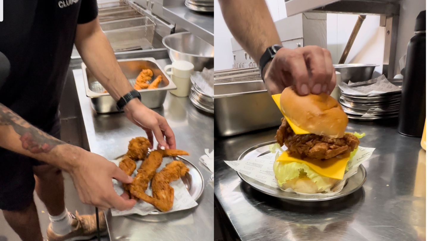 Plating up the wings and burger