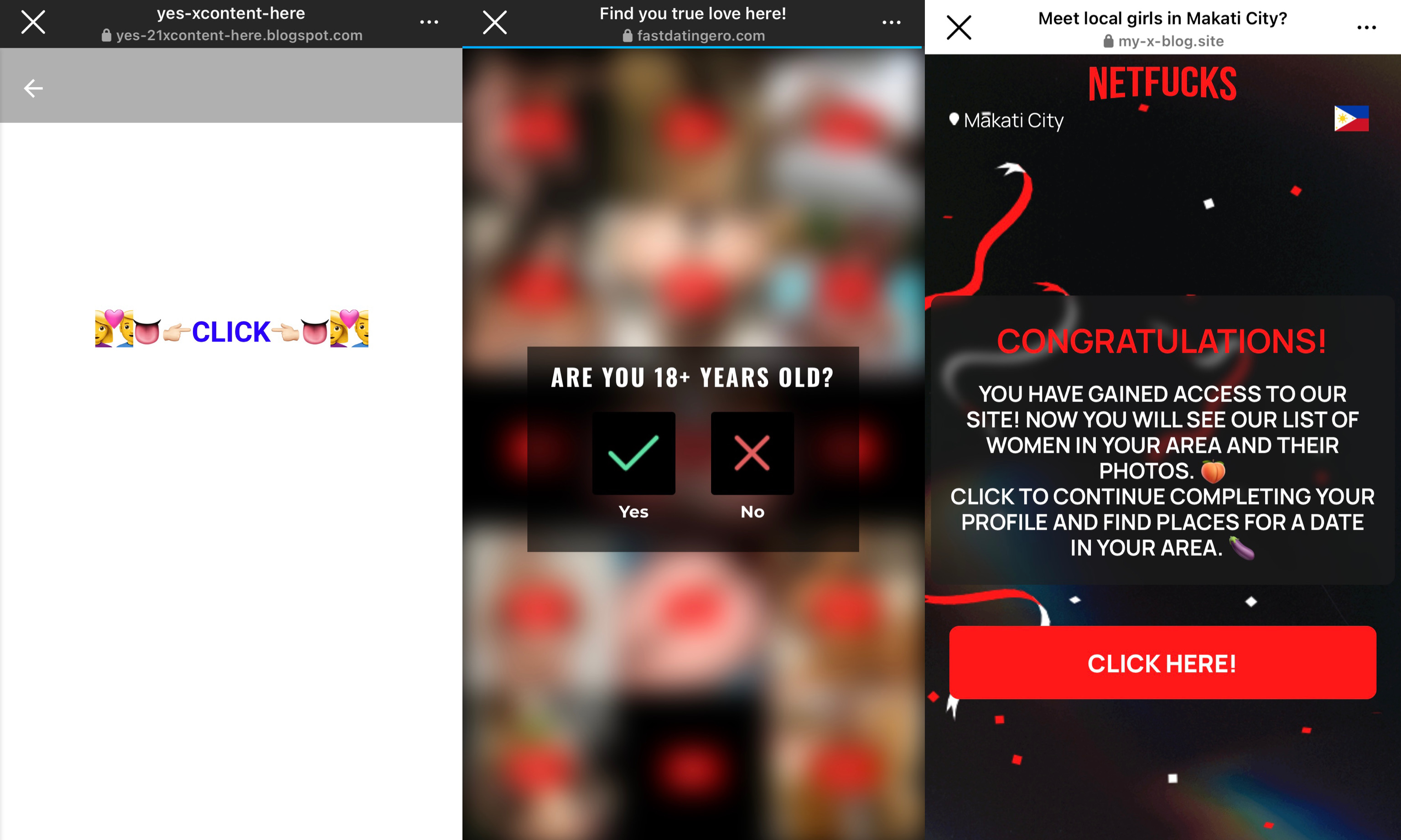 Tangkapan layar situs yang diarahkan oleh tautan porn bot.