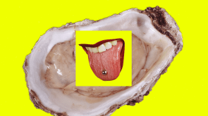 Collage with highlighter yellow background overlayed with an oyster in a shell and a woman's mouth with a pierced tongue