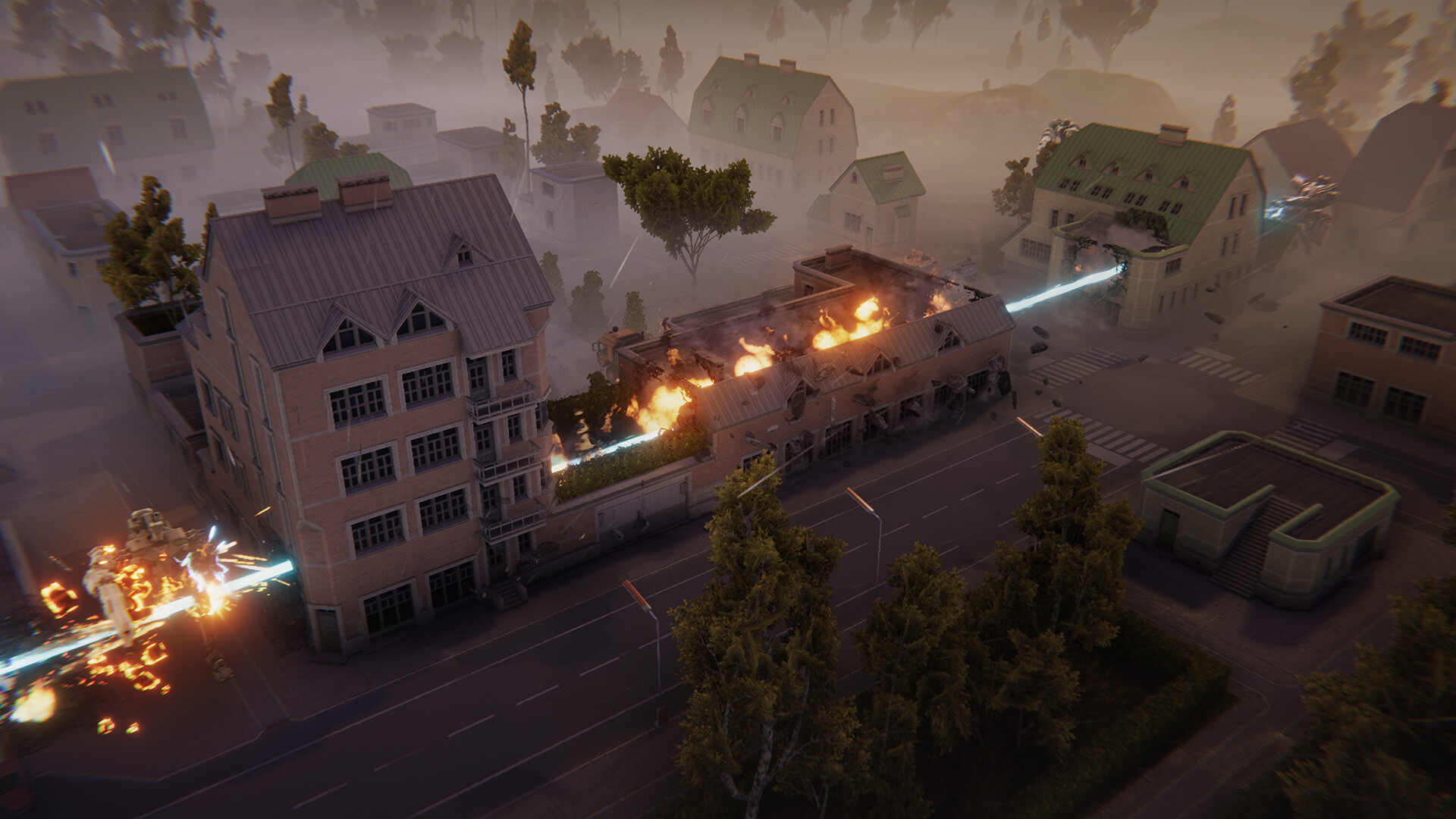 A mech fires a massive beam through a small, foggy town. The light pierces and burns the buildings, before colliding with an enemy who crumples and melts from the heat.