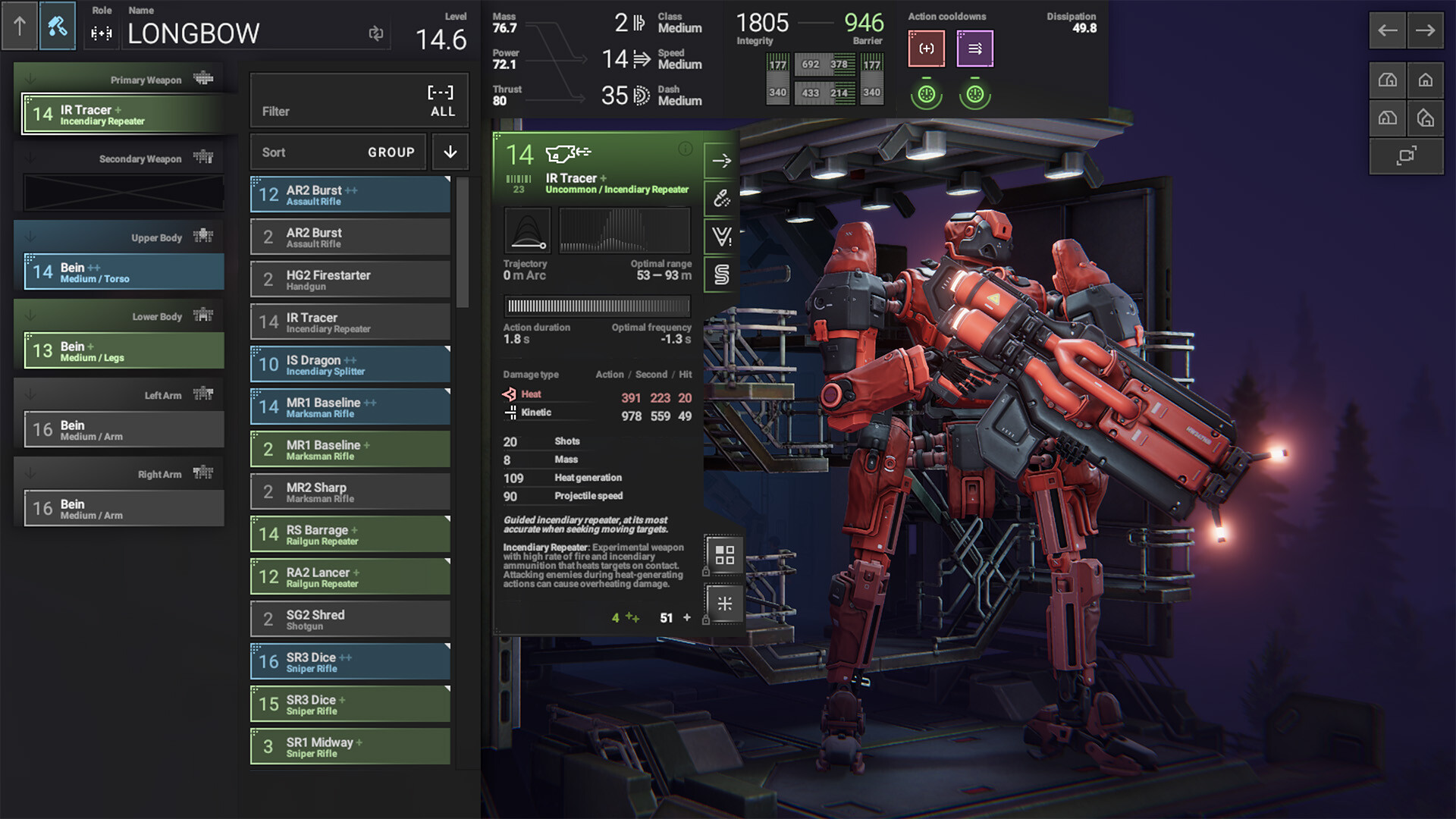 The mech customization screen from Phantom Brigade, depicting a weapon menu filled with weapons of varying types and rarities. On the right side of the screen, a large, red mech holds an incendiary launcher.
