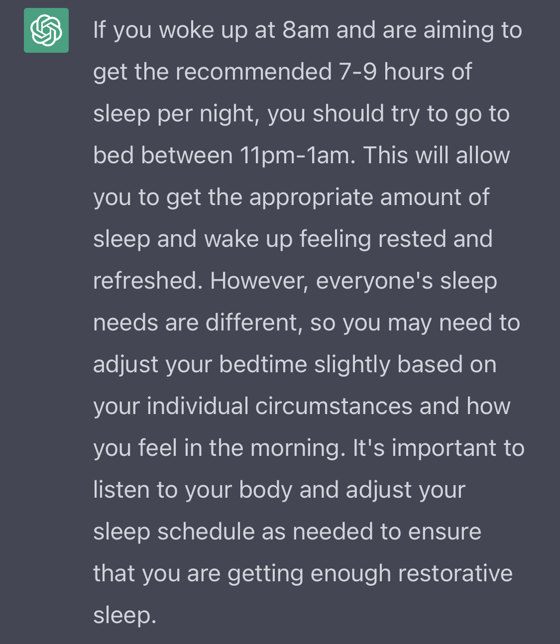 ChatGPT recommending eight hours of sleep