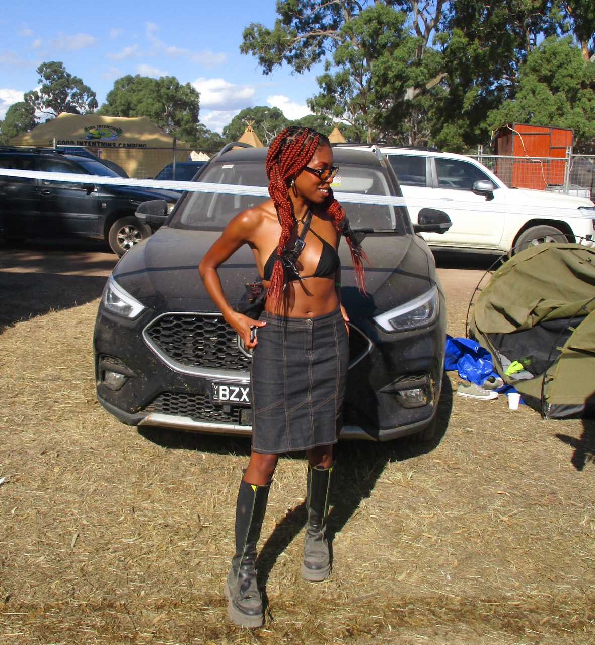 big shades boots cute skirt bikini