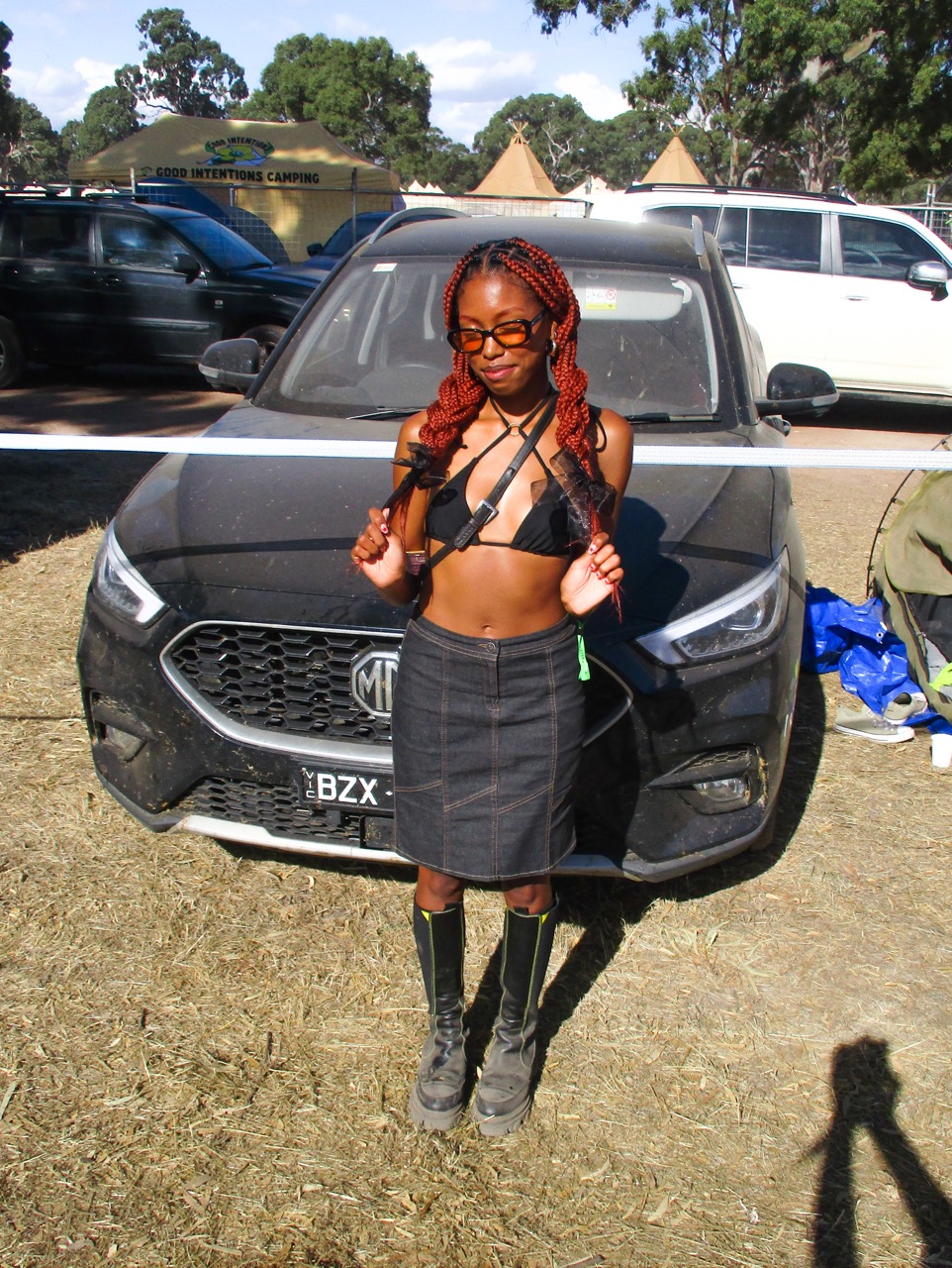 big shades boots cute skirt bikini