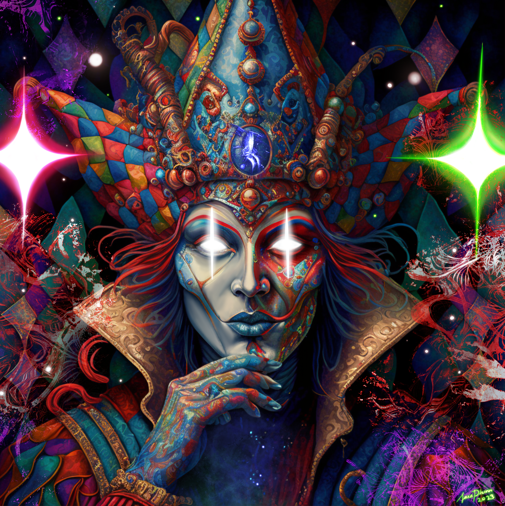 Sara Phinn used AI tools such as Midjourney to help conceptualize creatures like these jesters, which she said was like “tapping into the collective consciousness.”