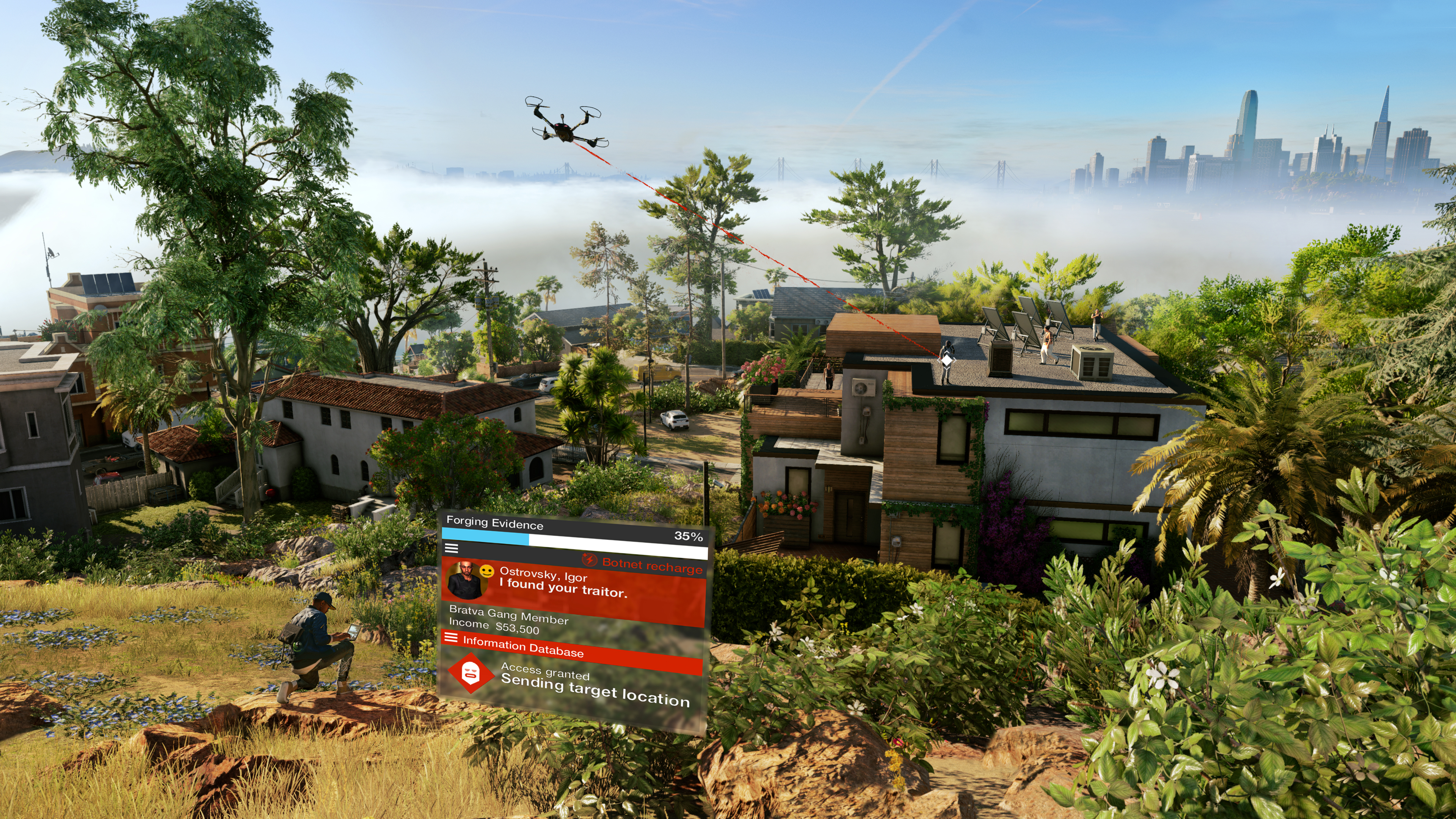 a surveillance drone orbits a home in the jungle-like hills of a fictional San Francisco with the fog shrouded city visible below in the bight light of day.