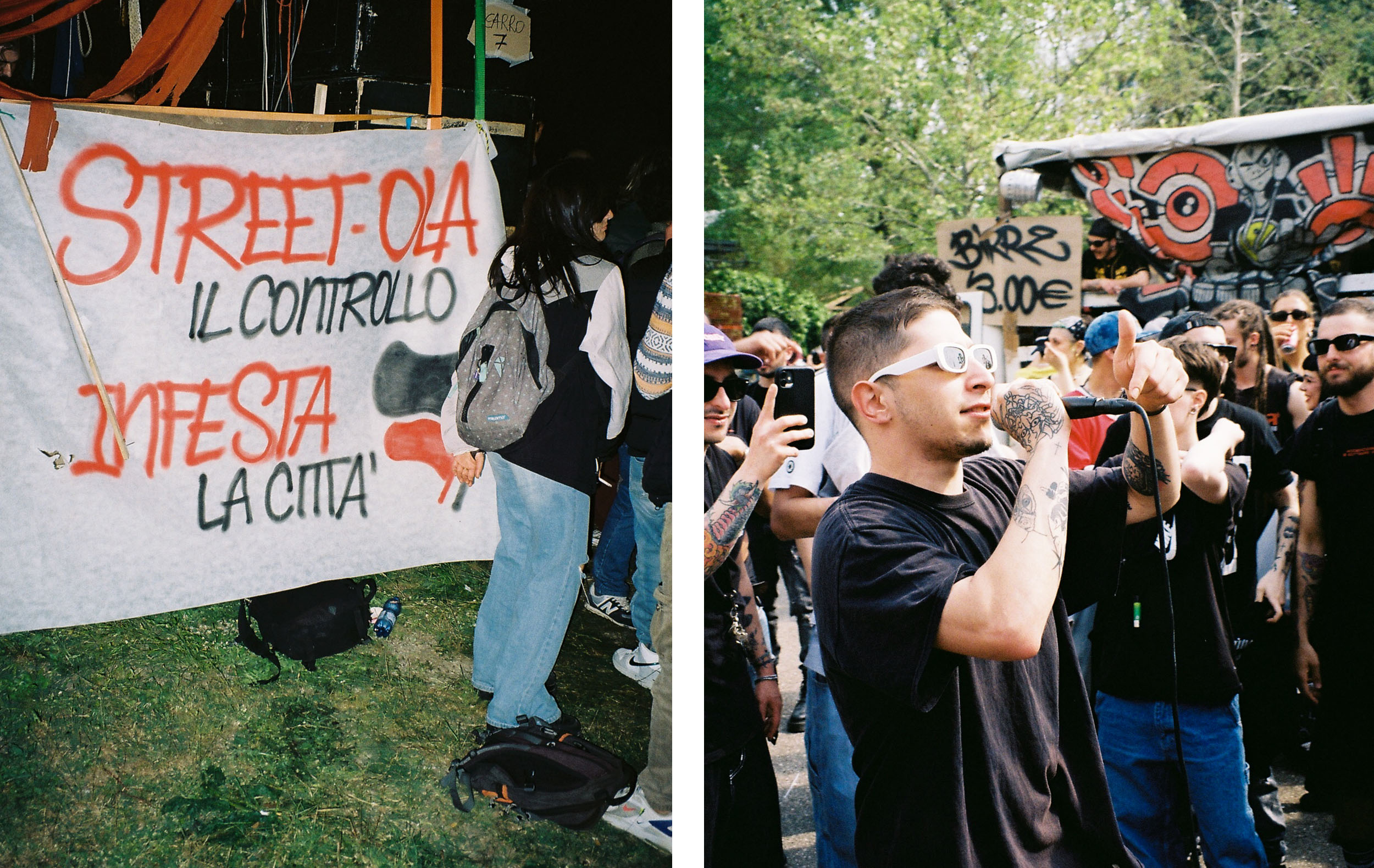 Links: Ein Banner mit italienischen Slogans, rechts: ein junger Mann redet auf einer Demonstration