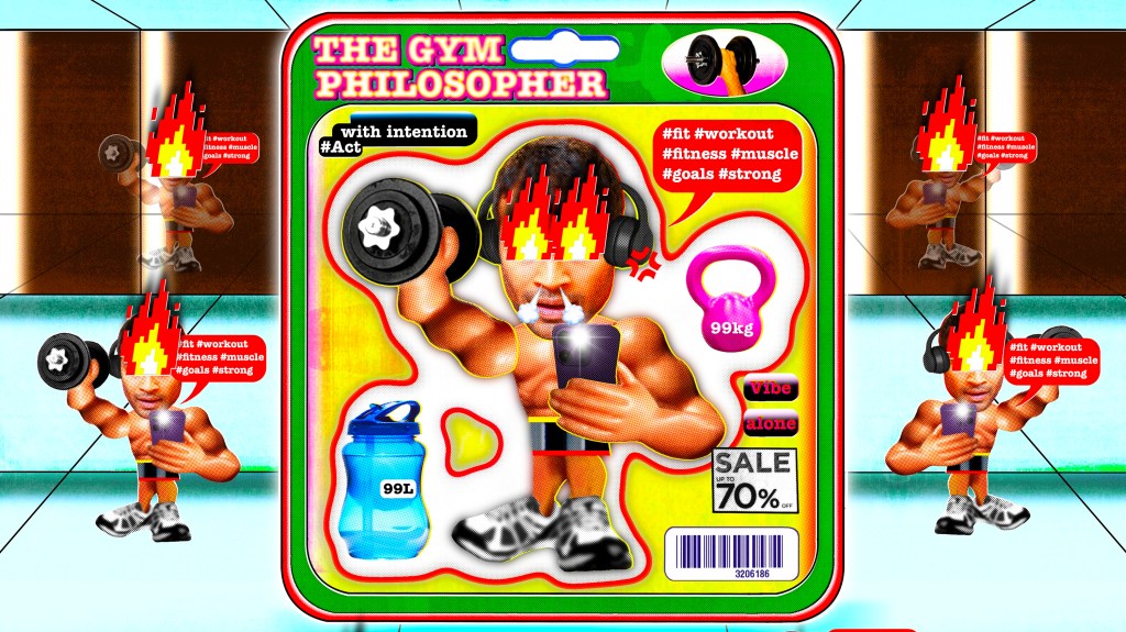 Een collage van een man in de gym die met zijn telefoon een selfie maakt.