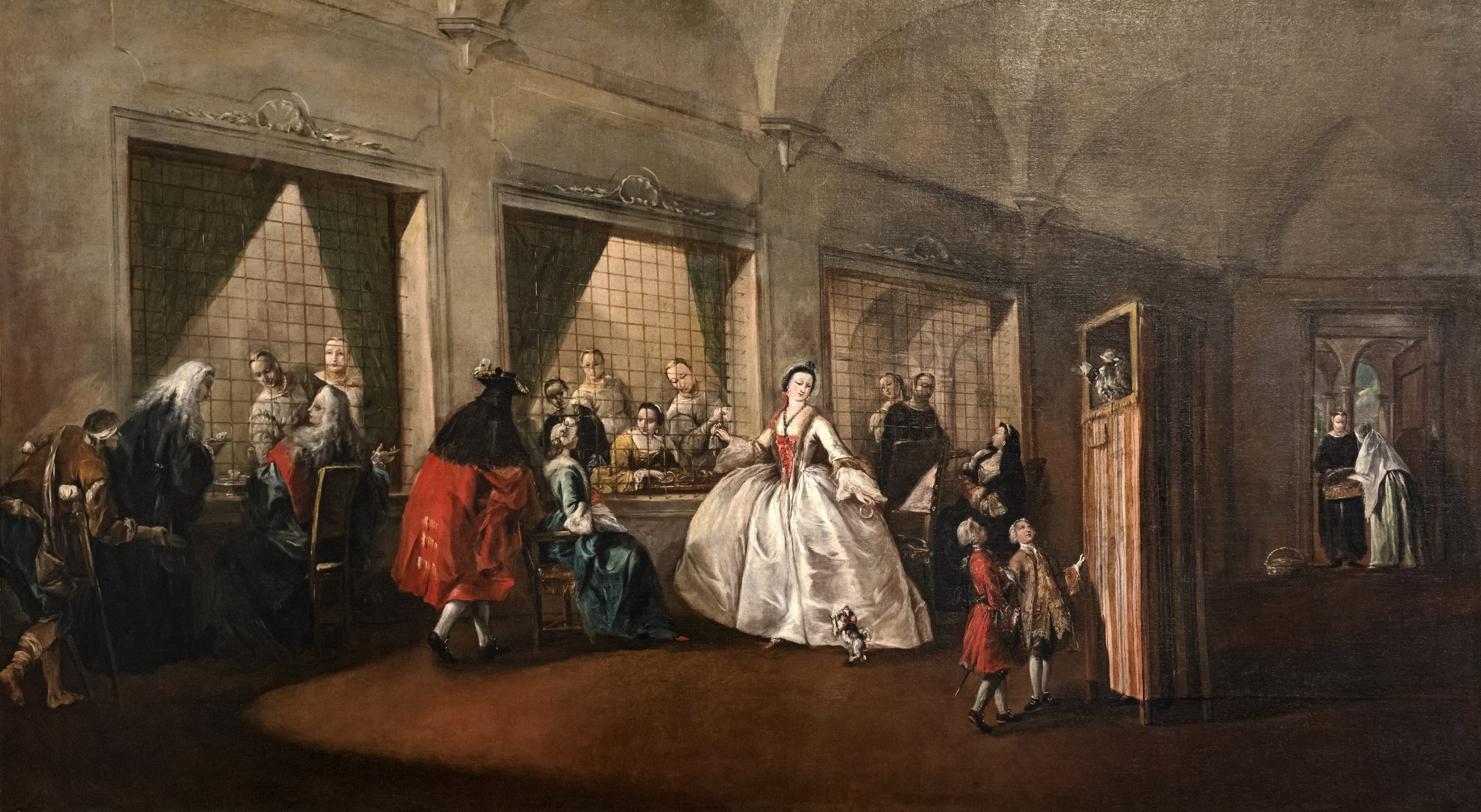 San Zaccaria convent, Venice – people sitting on either side of large windows with grates. In the front, noble women and men in expensive clothes. Behind the grates, the nuns.