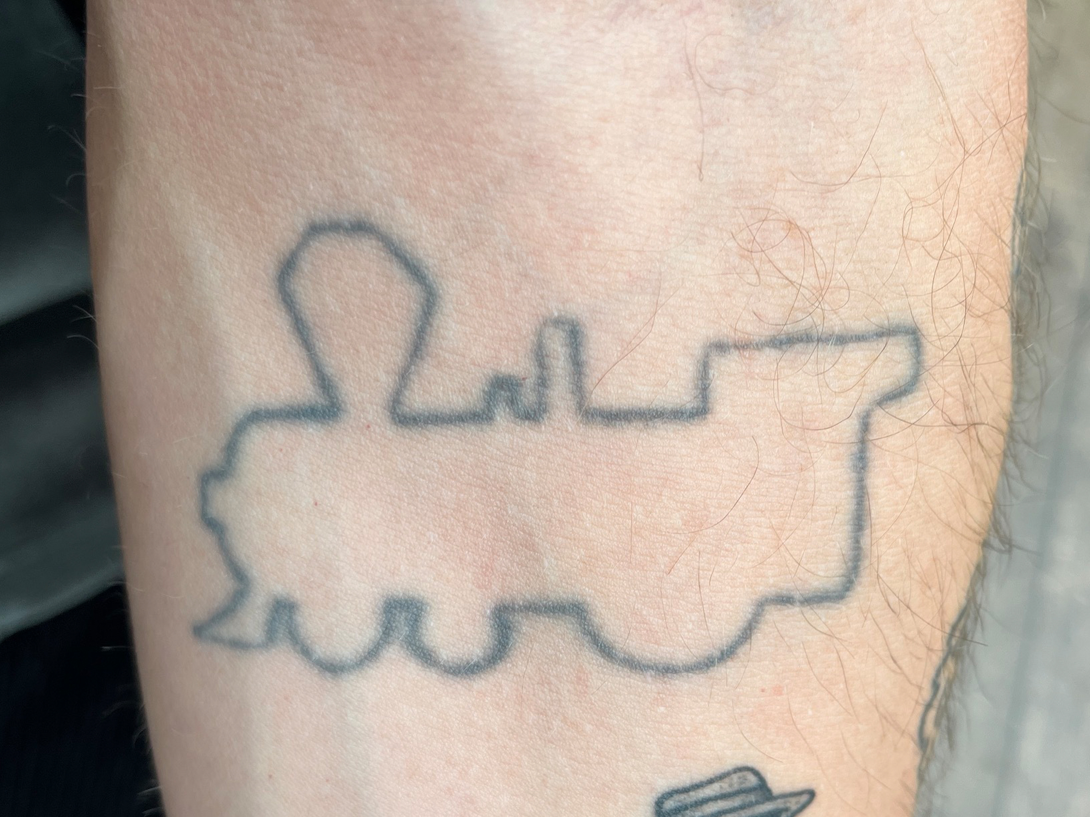The outline of a locomotive on the forearm