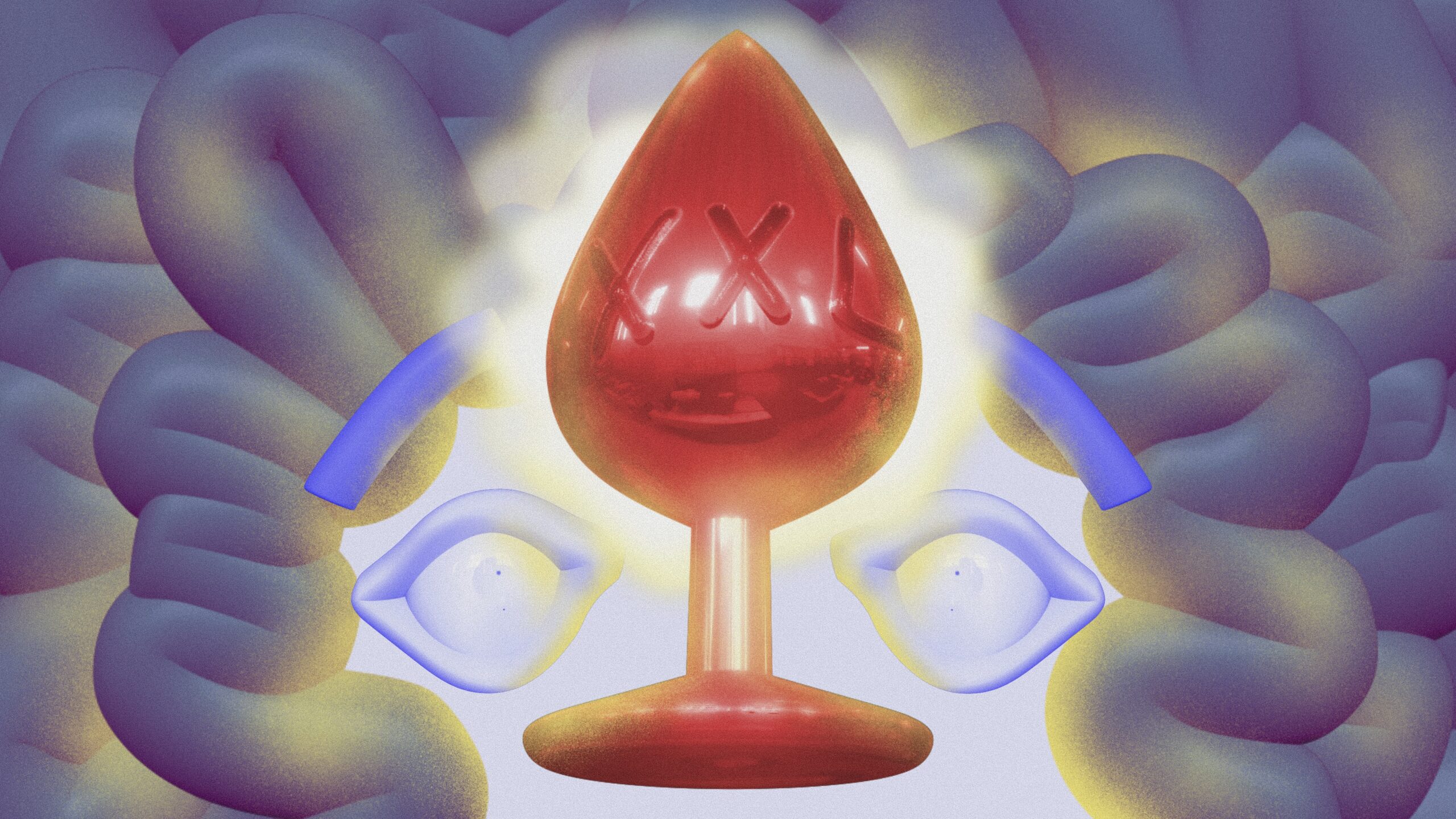 Illustration mit einem roten XXL-Buttplug vor einem Paar neugieriger Augen
