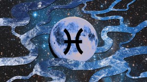 Collage representing the full blue moon in Pisces showing the moon with the zodiac symbol