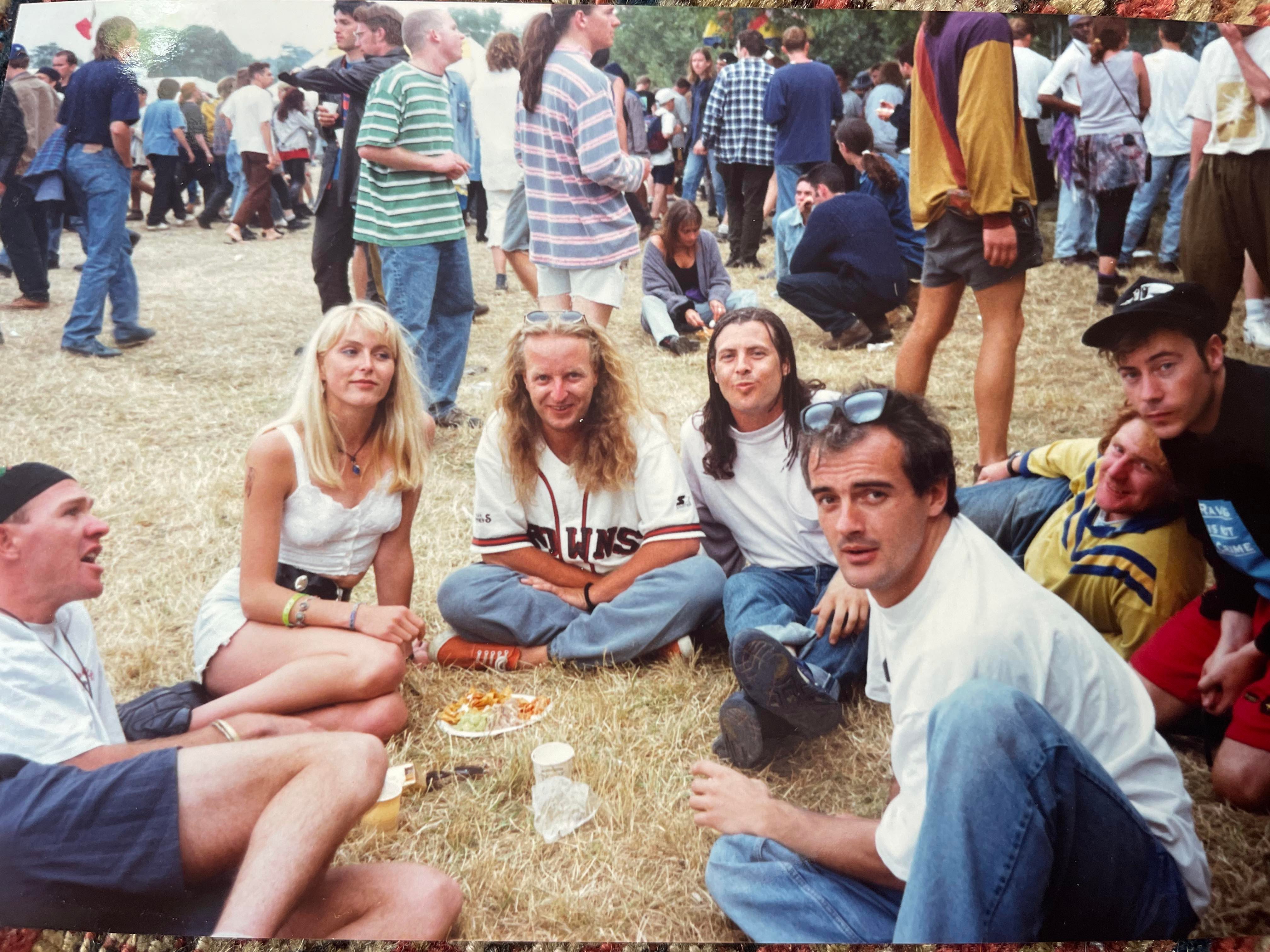 Kirk Field (in black cap) at Glastonbury with friends in the 90s