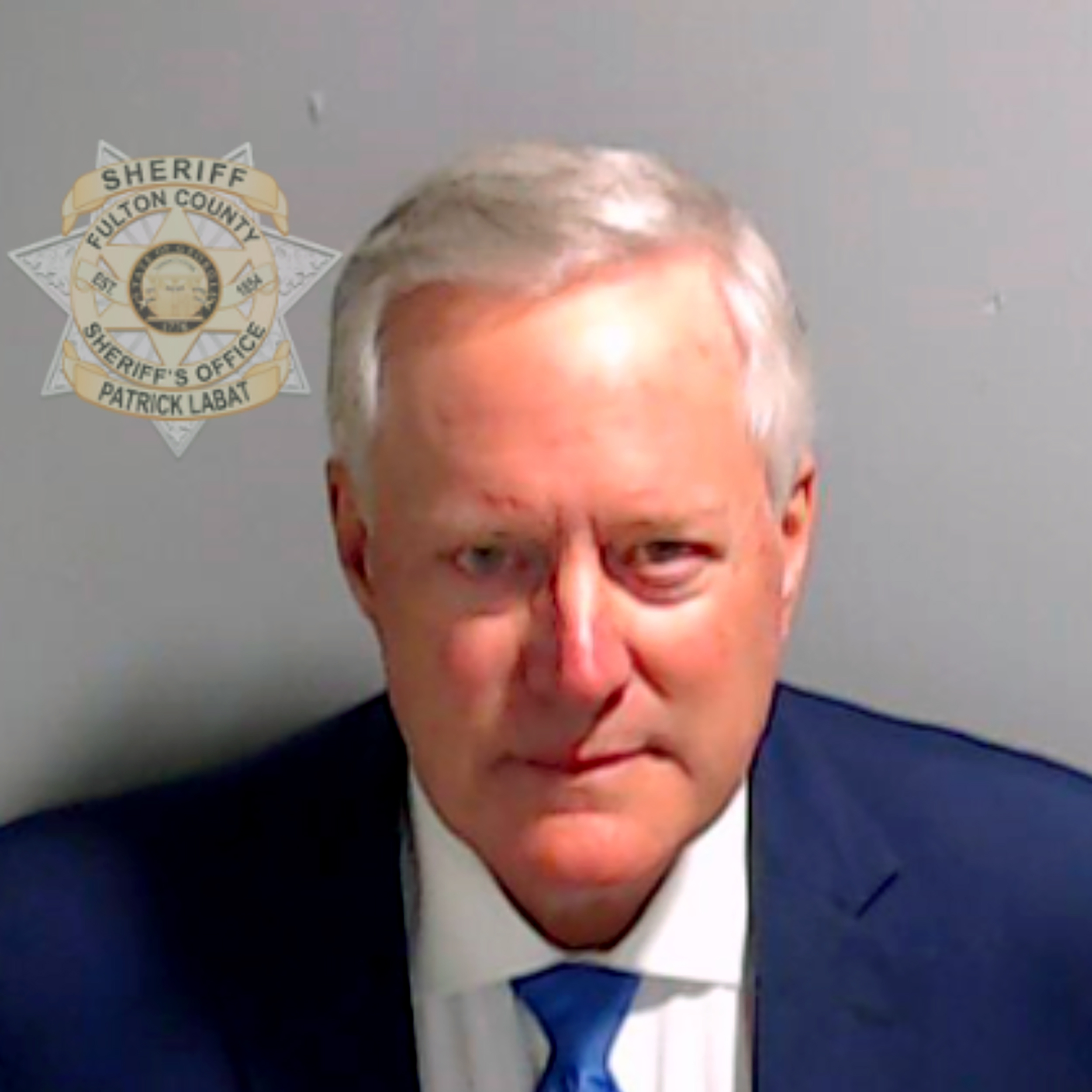 Former White House Chief of Staff Mark Meadows poses for his booking photo on August 24, 2023 in Atlanta, Georgia. (Fulton County Sheriff's Office via Getty Images)