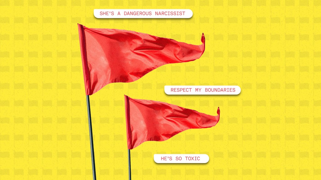 Een collage van twee rode vlaggen met quotes eromheen