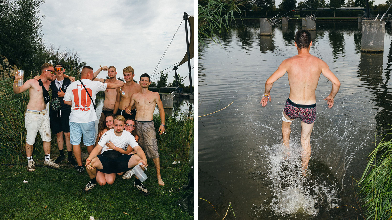 Links: Eine große Freundesgruppe posiert für das Foto, rechts: Einer der Freunde rennt ins Wasser