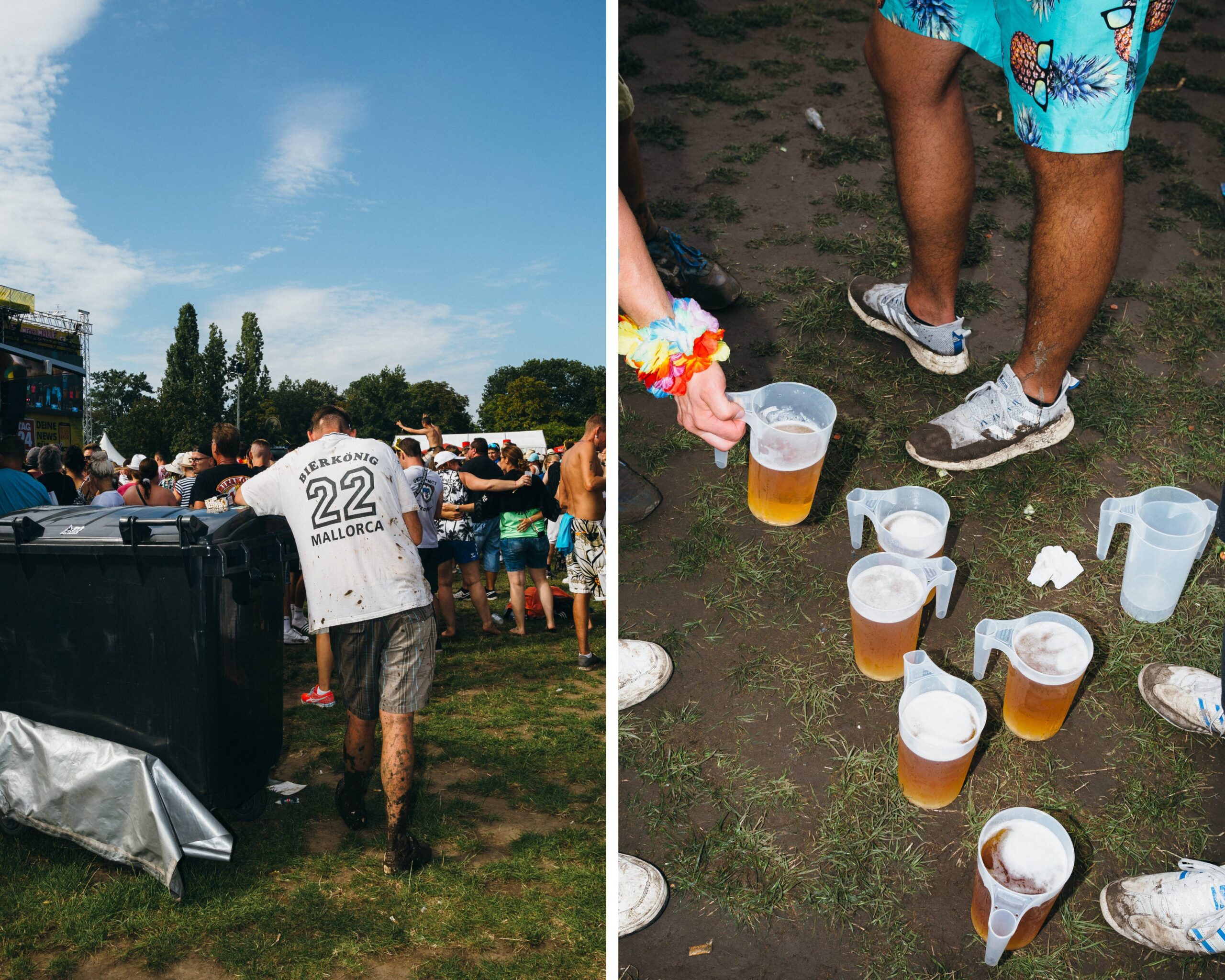 Links: Ein Mann lehnt an einer Mülltonne Rechts: Viele Biere auf einer Wiese