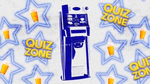 A collage of a pub quiz machine surrounded by neon stars with pints of beer in them, floating around the page. Some stars say 'quiz zone' in them.