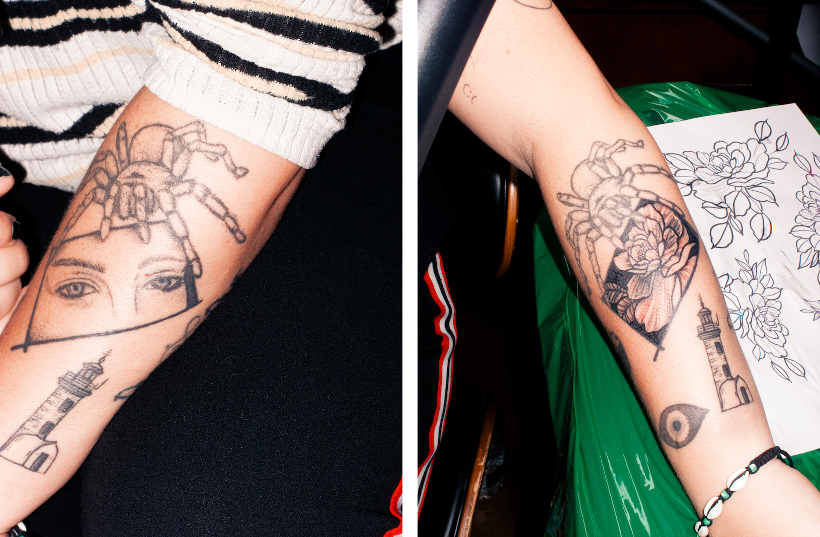 Collage of two photos. Left: A woman's arm features many tattoos including a spider and a pair of eyes. Right: The same woman's arm, but the tattoo of the eyes has been replaced by a flower.