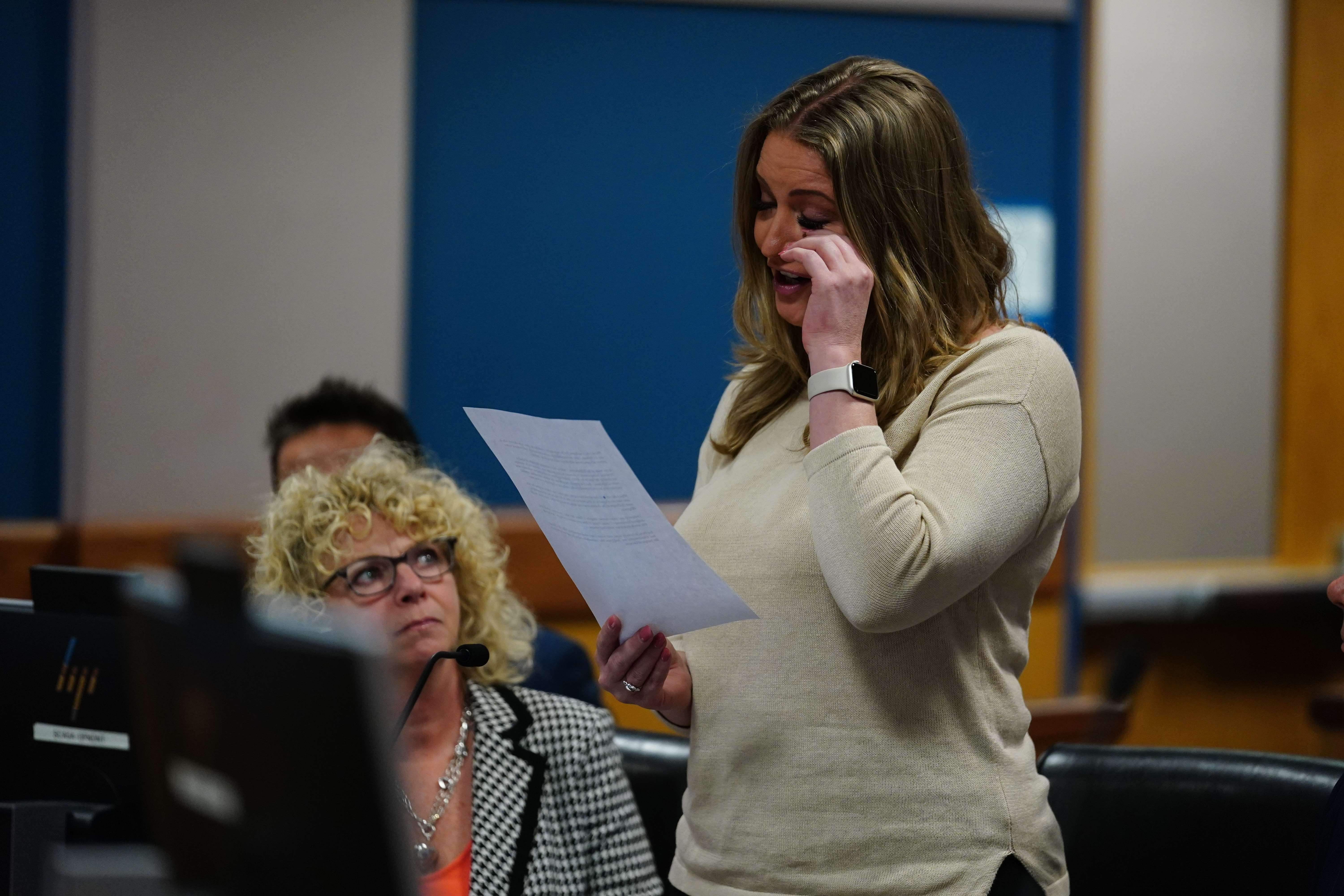 Jenna Ellis, former legal adviser to former US President Donald Trump, reads a statement at the Fulton County Courthouse in Atlanta, Georgia, US, on Tuesday, Oct. 24, 2023. (John Bazemore/AP/Bloomberg via Getty Images)